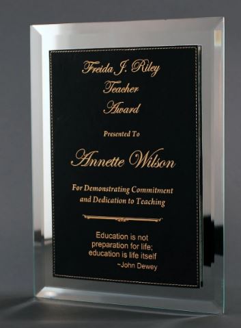Mirror Plaque With Black And Gold Lasered Leatherette Plate
