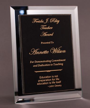 Mirror Plaque With Black And Gold Lasered Leatherette Plate