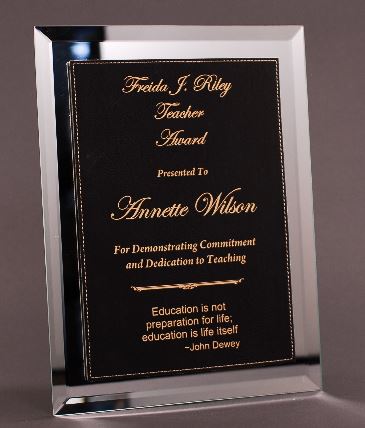 Mirror Plaque With Black And Gold Lasered Leatherette Plate
